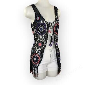 Luv Stori Crochet Knit Vest Black Pink Festival Fringe Tassels Beads S/M NWT